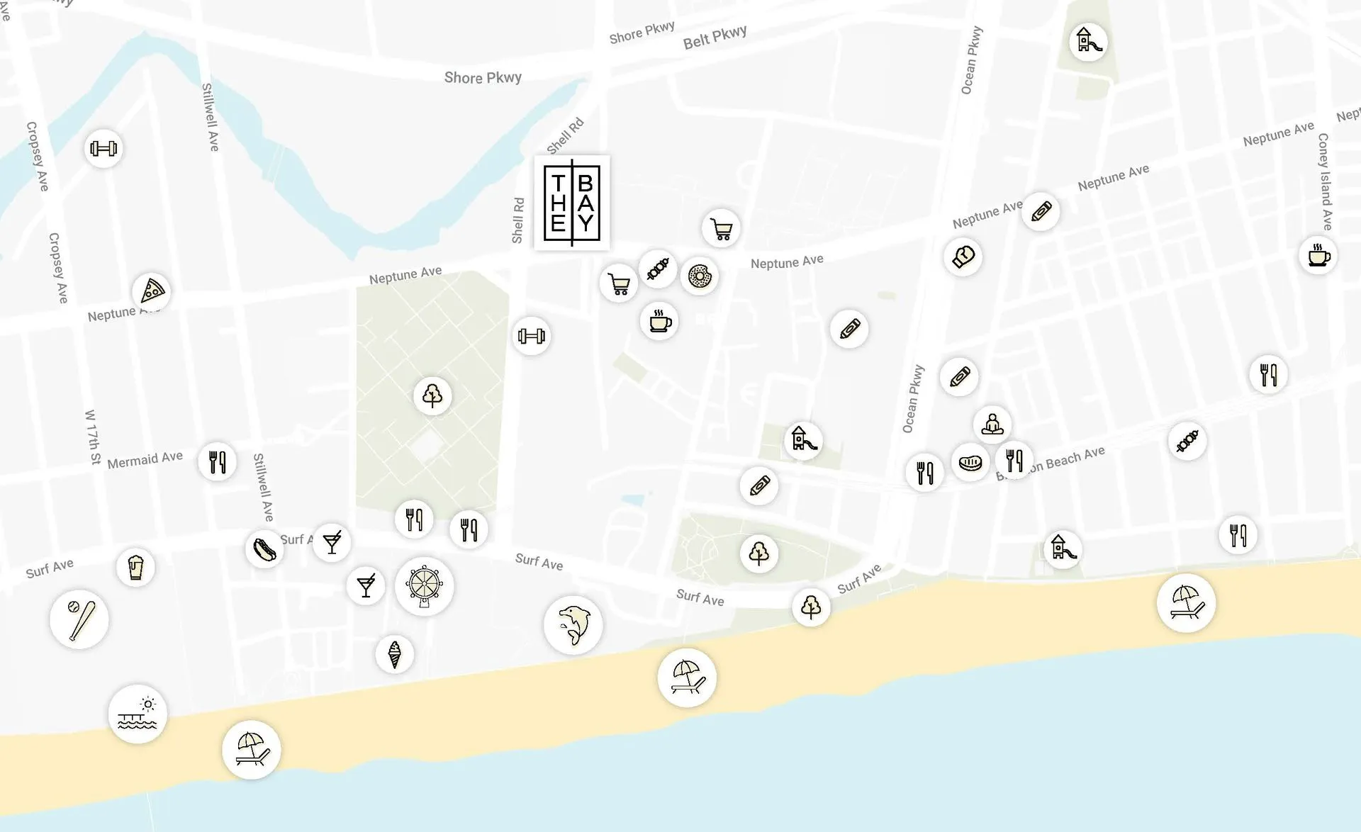 Neighborhood map of Coney Island featuring local amenities and attractions near The Bay apartments in Brooklyn.